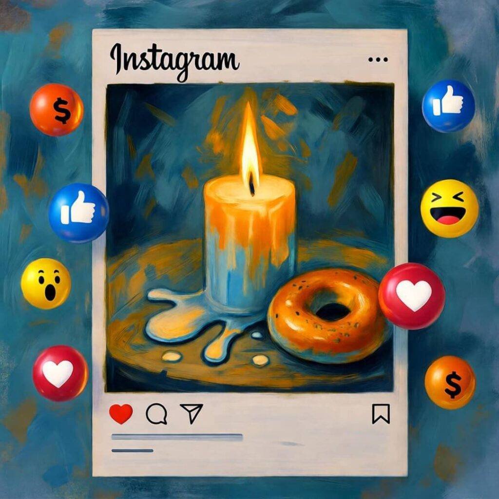 Chaotic Instagram post of candle and bagel with wax drips, emoji reactions in teal and yellow.