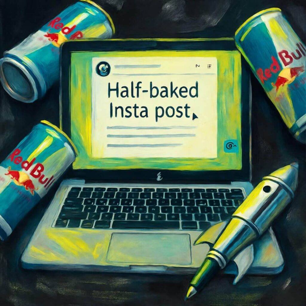 Laptop with half-baked Insta post, crumpled Red Bull cans, goofy rocket pen.