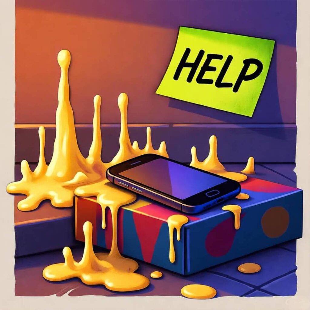 Chaotic kitchen with spilled wax, phone on cereal box, "HELP" note, bold colors.