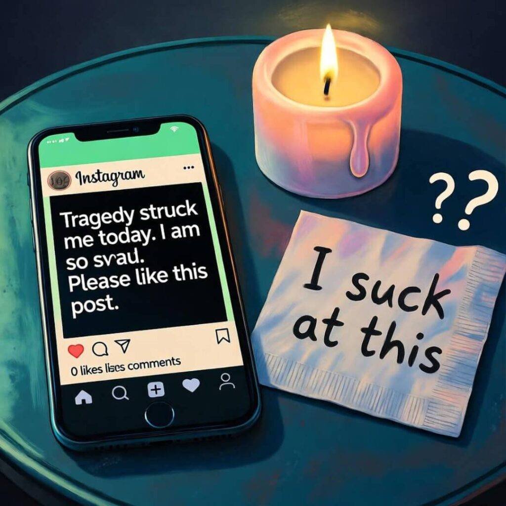 Impressionistic coffee table with tragic Instagram post, candle, napkin, and question marks.