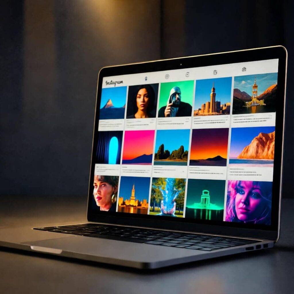 A laptop displays an Instagram feed with various images and profiles.