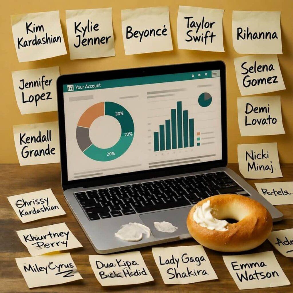 Messy desk with laptop analytics, sticky notes, half-eaten bagel, vintage vibe.