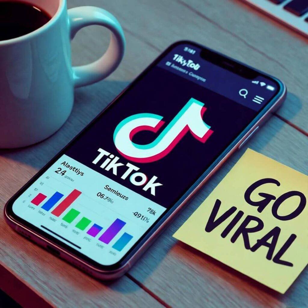 Cluttered desk with coffee mug, TikTok analytics phone, "GO VIRAL" Post-it.