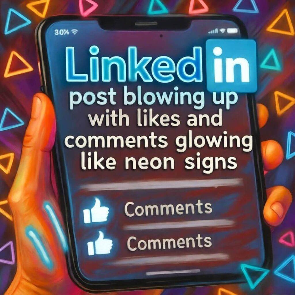 Shaky hand holds phone with glowing LinkedIn post, likes, comments, triangle patterns.