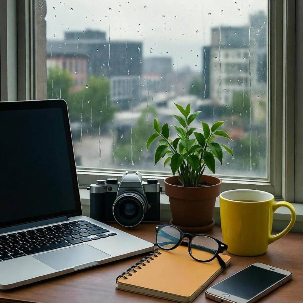 Vibrant messy desk over-shoulder: recipe cards, tangled ring light, rainy Portland window glow.