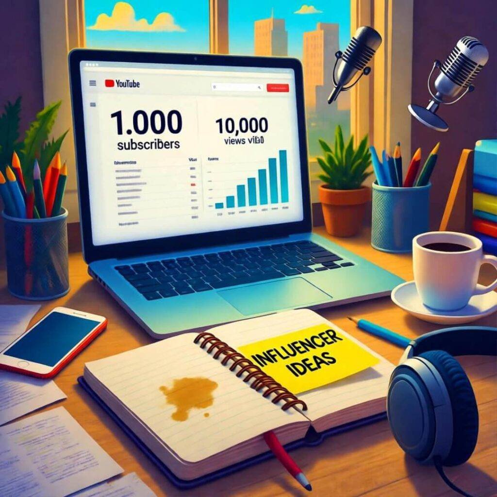 Chaotic Brooklyn desk with YouTube analytics, coffee-stained notebook, mics, blue-orange vibe.