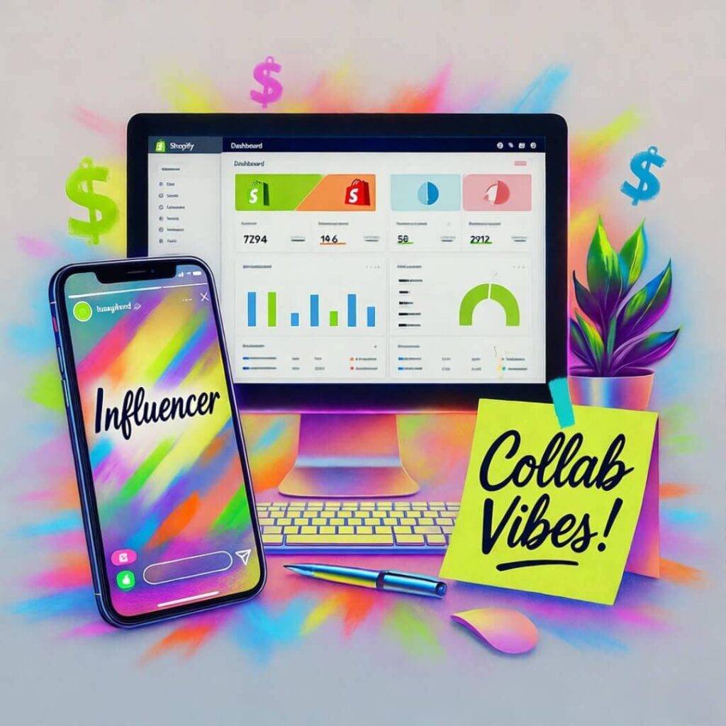 Messy desk with glowing Shopify, influencer phone, "Collab Vibes!" Post-it, dollar signs.