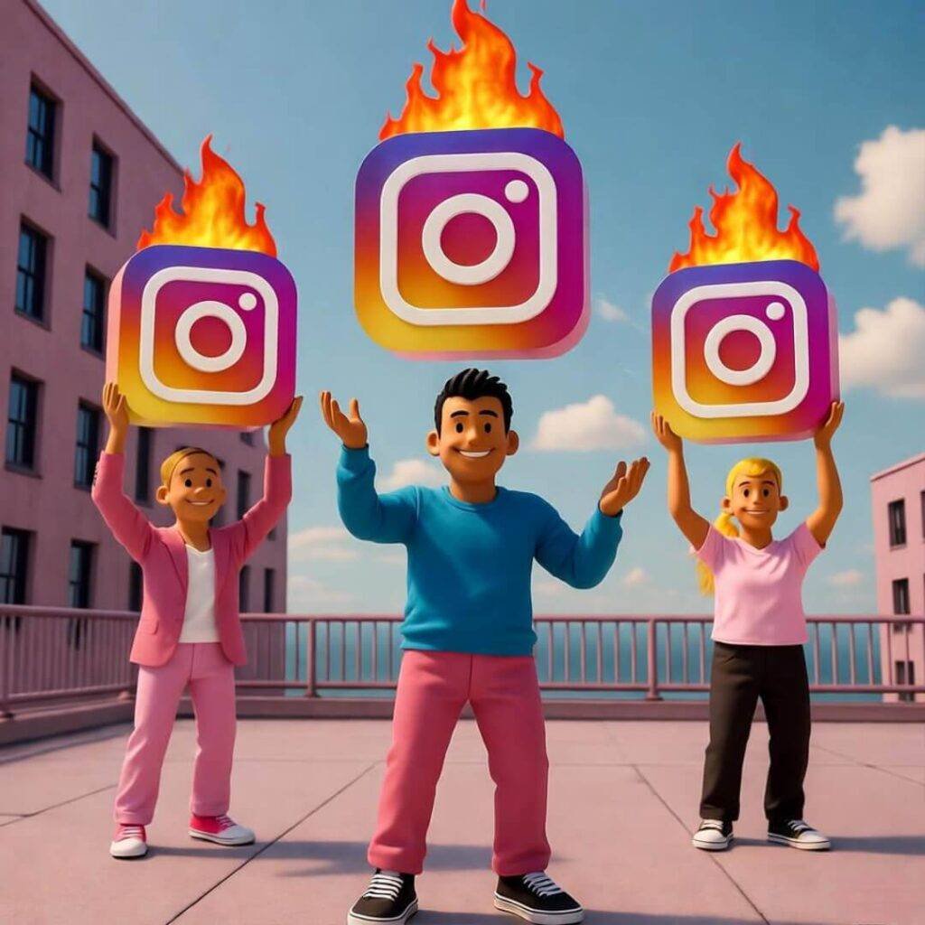 Cartoon influencers juggling flaming Instagram logos at vibrant rooftop party.