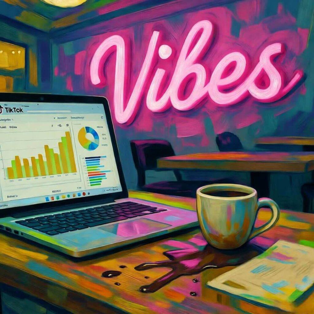 Messy Brooklyn café table, laptop with TikTok analytics, spilled coffee, neon "Vibes" sign.