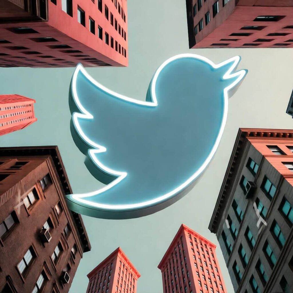 Giant neon Twitter logo over NYC street, teal and coral, floating hashtag graffiti.