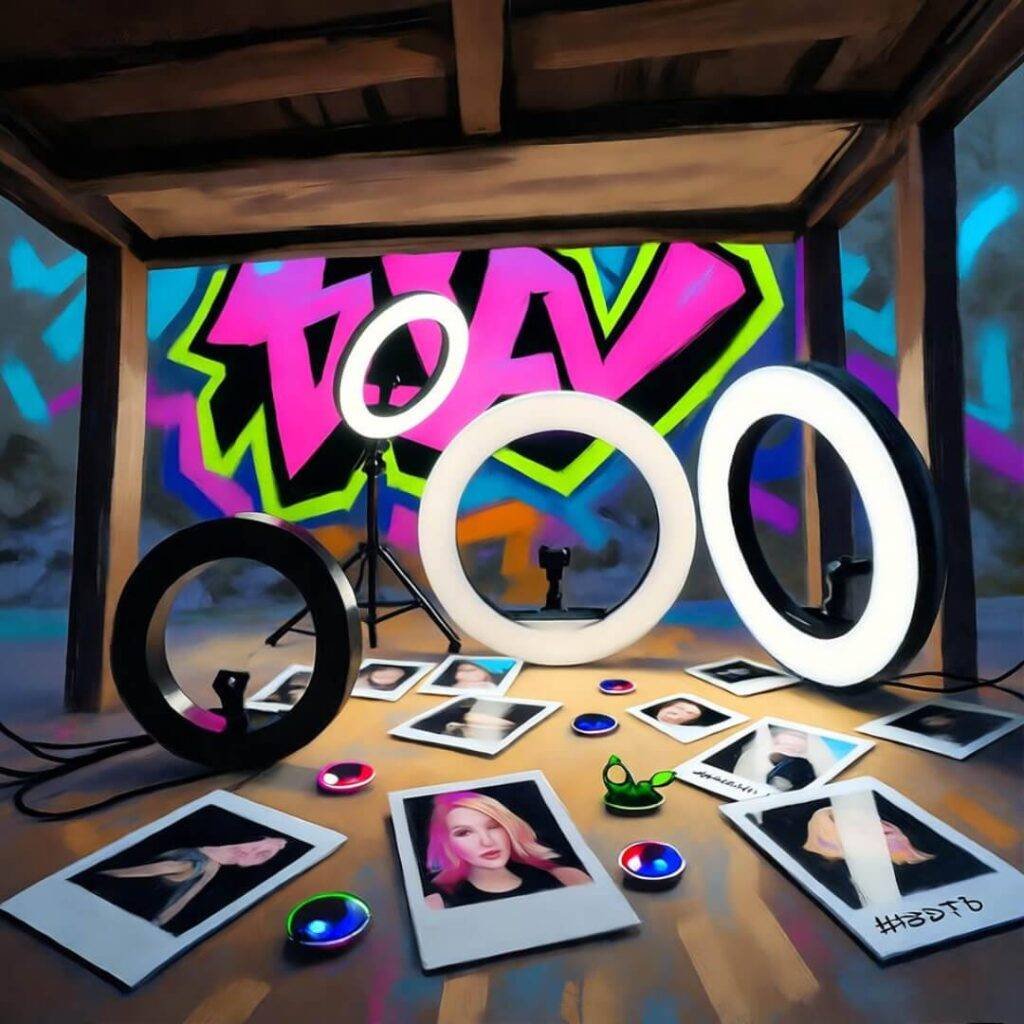 Chaotic influencer shoot with falling ring lights, Polaroids, vibrant graffiti wall.