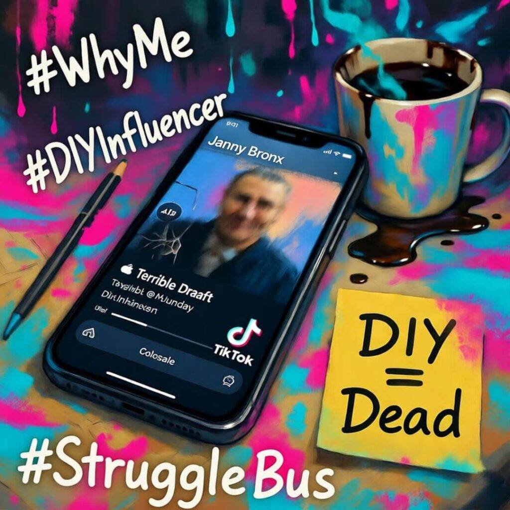 Janky Bronx desk with cracked phone, spilled mug, "DIY = Dead" note, colorful hashtags.