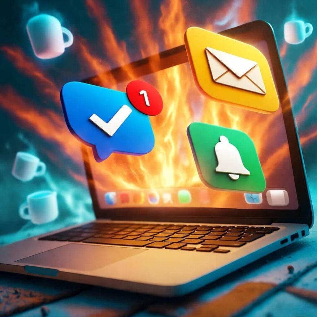 Low-angle shot of glowing laptop notifications under desk, floating coffee mug ghosts in fiery orange and turquoise.