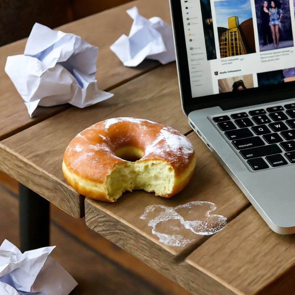 Crumpled notes, half-eaten donut, laptop with influencer feeds on wooden table.