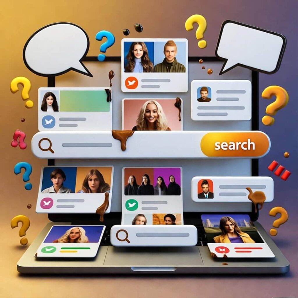 Cluttered laptop with coffee-stained search bars, mismatched thumbnails, glowing "search" button.