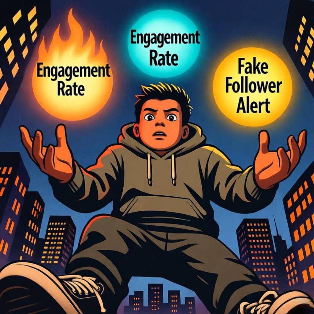 Person in hoodie juggles glowing "Engagement Rate" and "Fake Follower Alert" over NYC skyline.