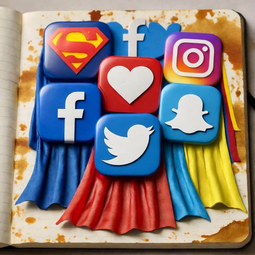 App logos transform into superhero capes over coffee-stained notebook.