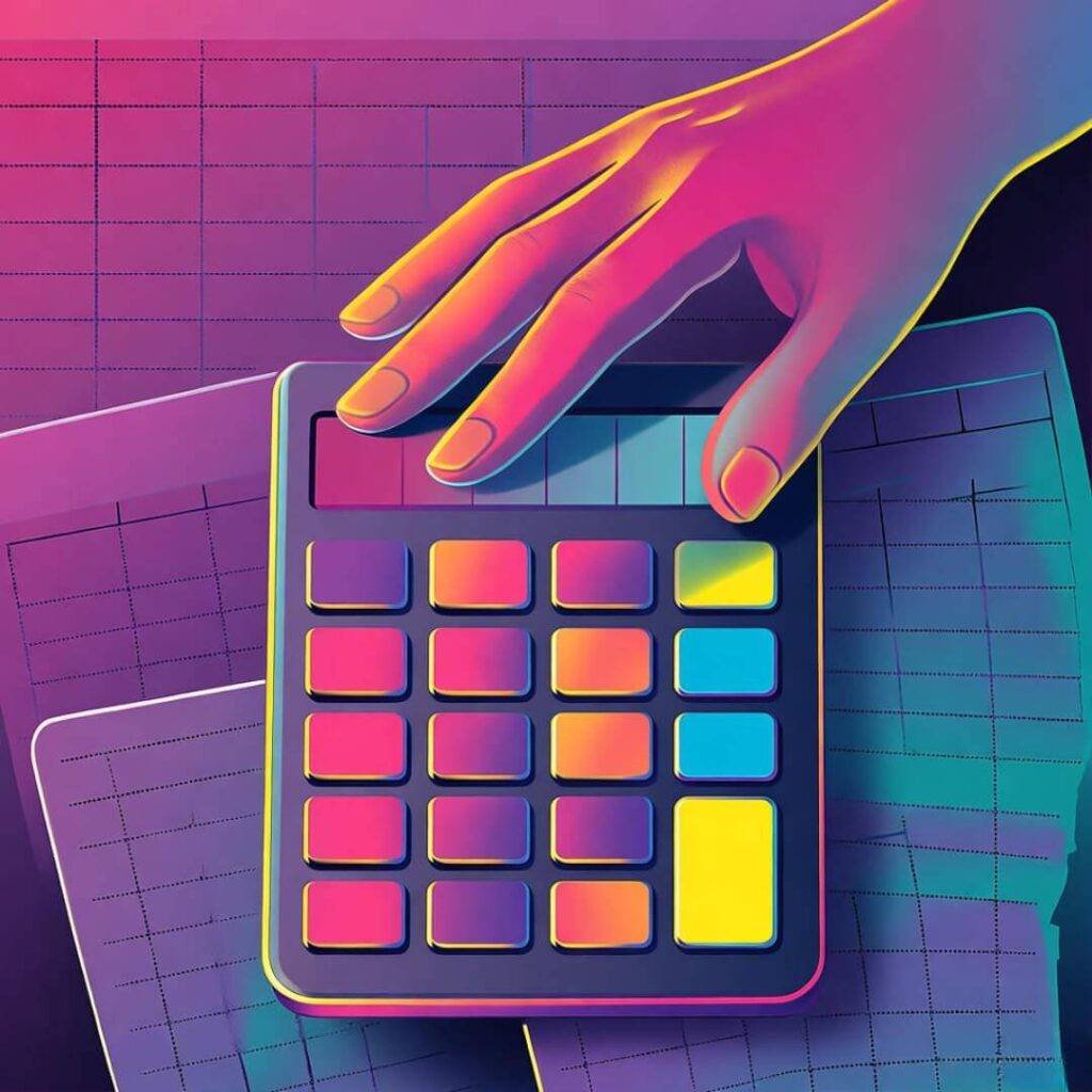 Goofy facepalm over neon calculator drowning in candy-colored spreadsheets.