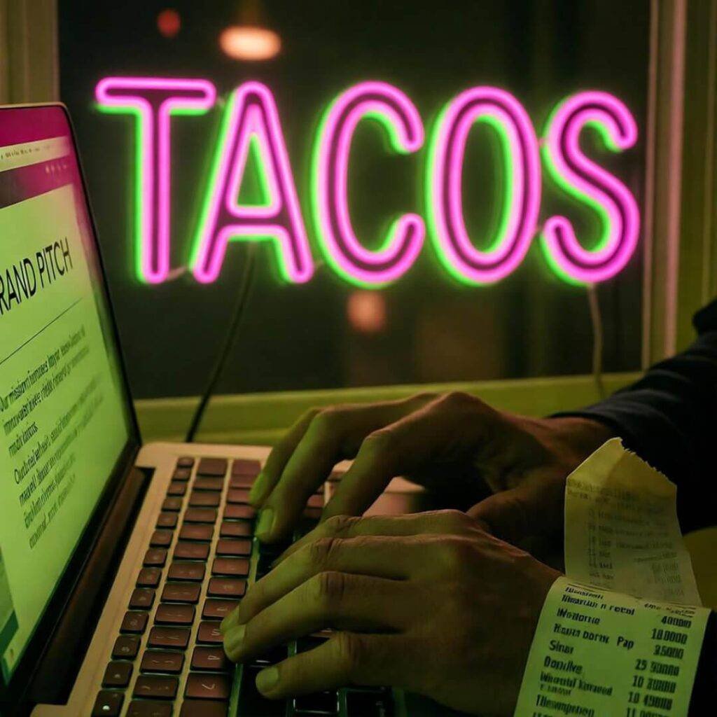 Blurry phone with half-finished Instagram post, chipped "Slay All Day" mug, notebook with hashtags and coffee ring, glitter sparkles.