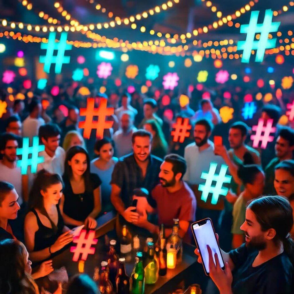 Shaky POV of crowded event, twinkling lights, selfies, hashtags, bold teal and pink.