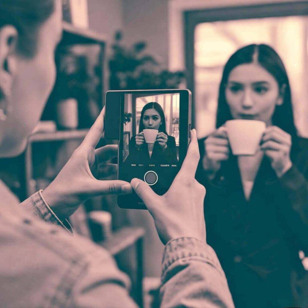 Shaky hands hold phone, snapping micro-influencer sipping coffee, teal and pink tones.