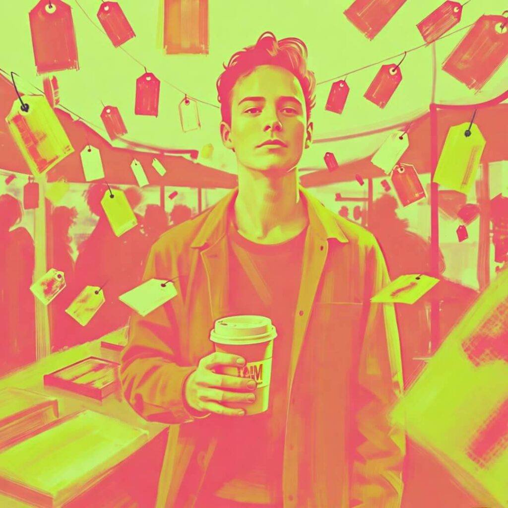 Person tripping at chaotic Brooklyn flea market, holding coffee, with floating tags, coral and lime green.