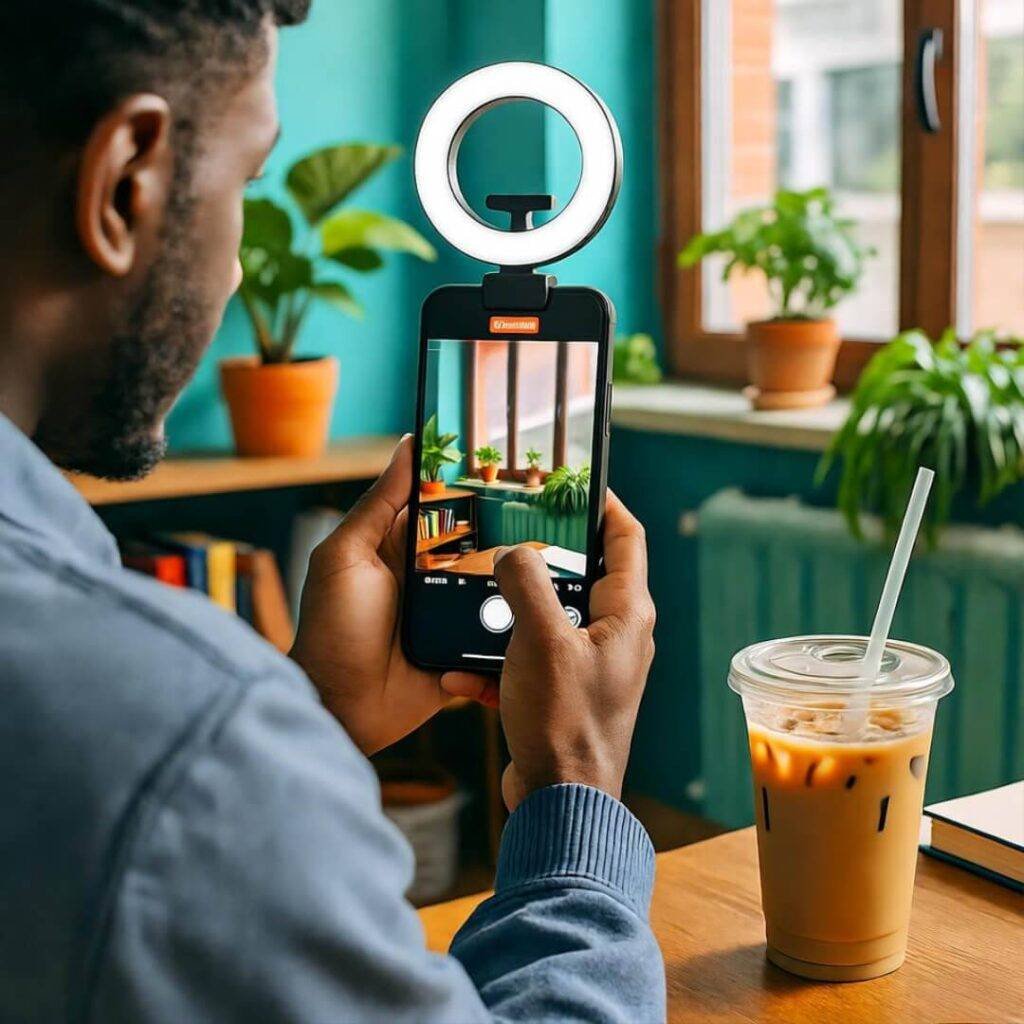 Micro-influencer filming TikTok in cozy apartment, plants, half-drunk iced coffee.