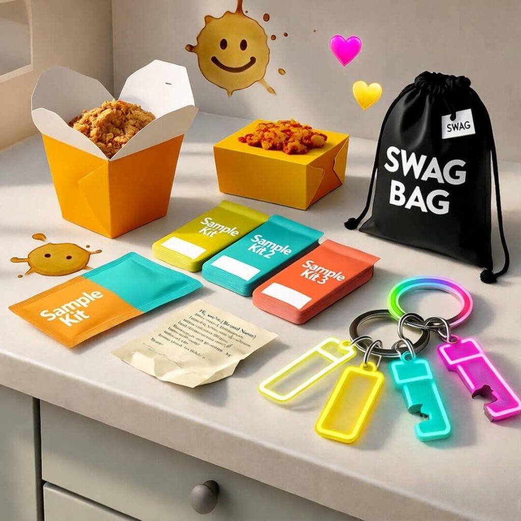 Messy kitchen counter with takeout, skincare, and neon keychains, humorously chaotic.