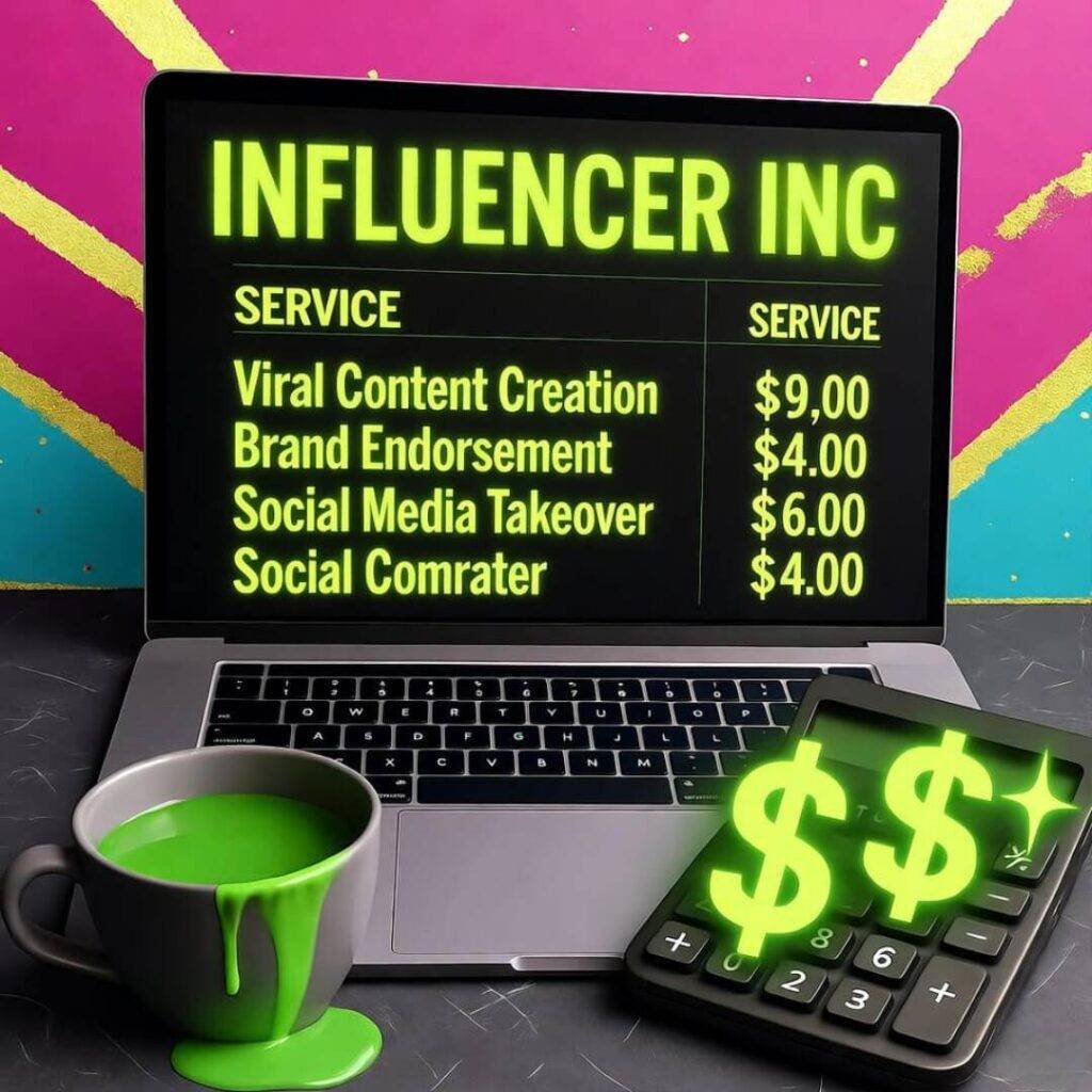 Messy desk with influencer invoice, spilled neon coffee, flashy calculator.