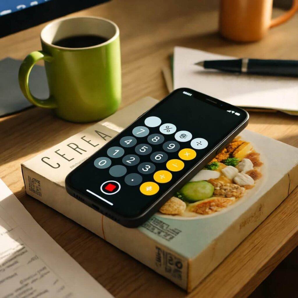 Messy desk with phone on cereal box, spilled mug, calculator app, low angle.