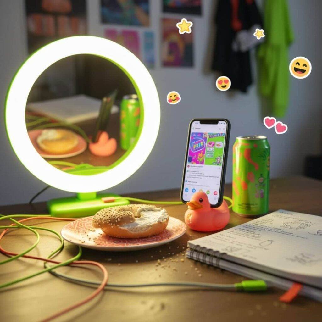 "Wonky influencer's desk with ring light, bagel, phone on duck stand, lime and coral."