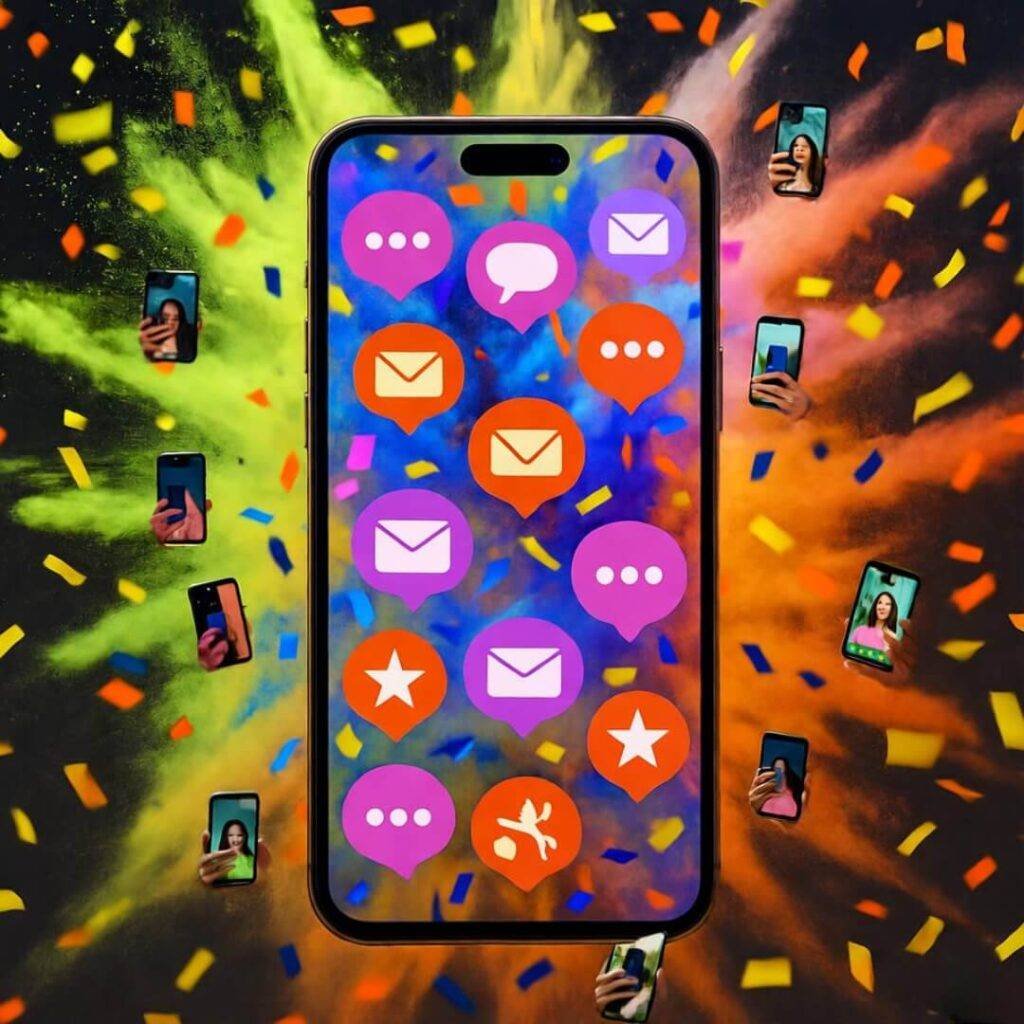 Smartphone bursts with confetti notifications, selfies peek, neon lime and orange glow.