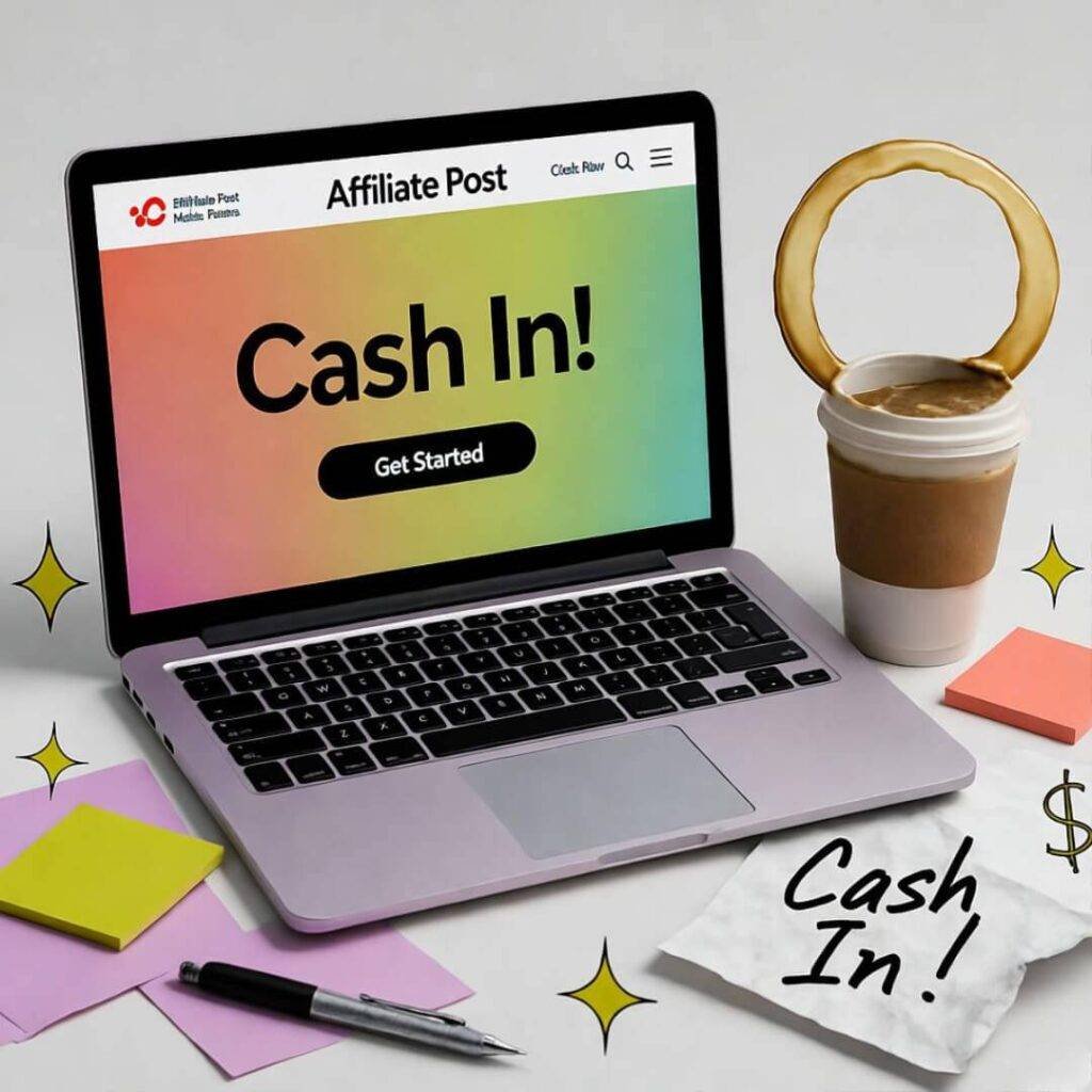 Chaotic desk with laptop, spilled coffee, "Cash In!" note, dollar sparkles, coral lime lavender.