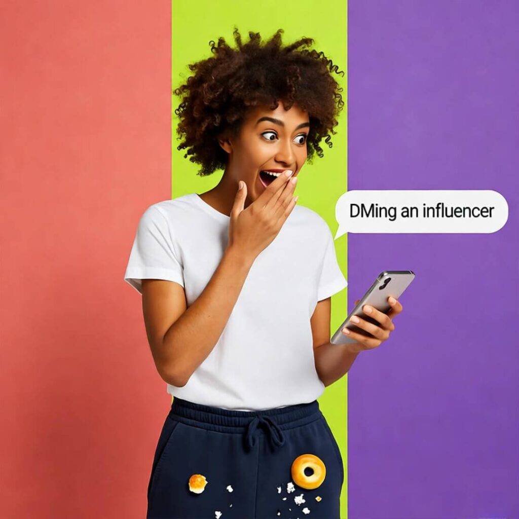 Person freaking out, holding phone, bagel crumbs on sweatpants, vibrant coral and green.