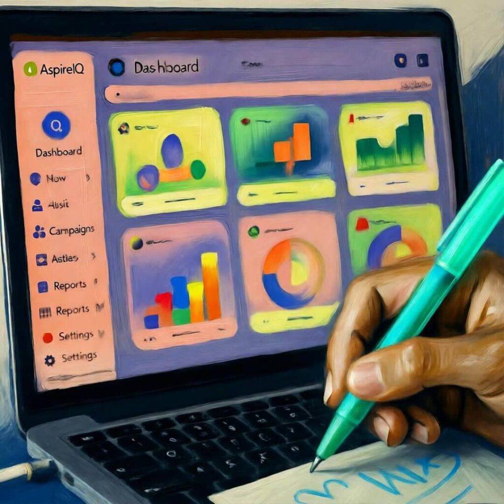 Impressionistic laptop with AspireIQ dashboard, hand scribbling notes with teal pen.