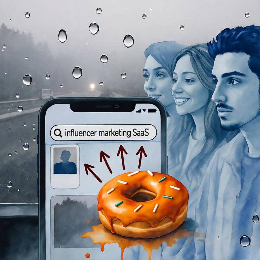 Foggy bus window, phone shows SaaS search, donut smudges, ghostly profiles, coffee-stain arrows.