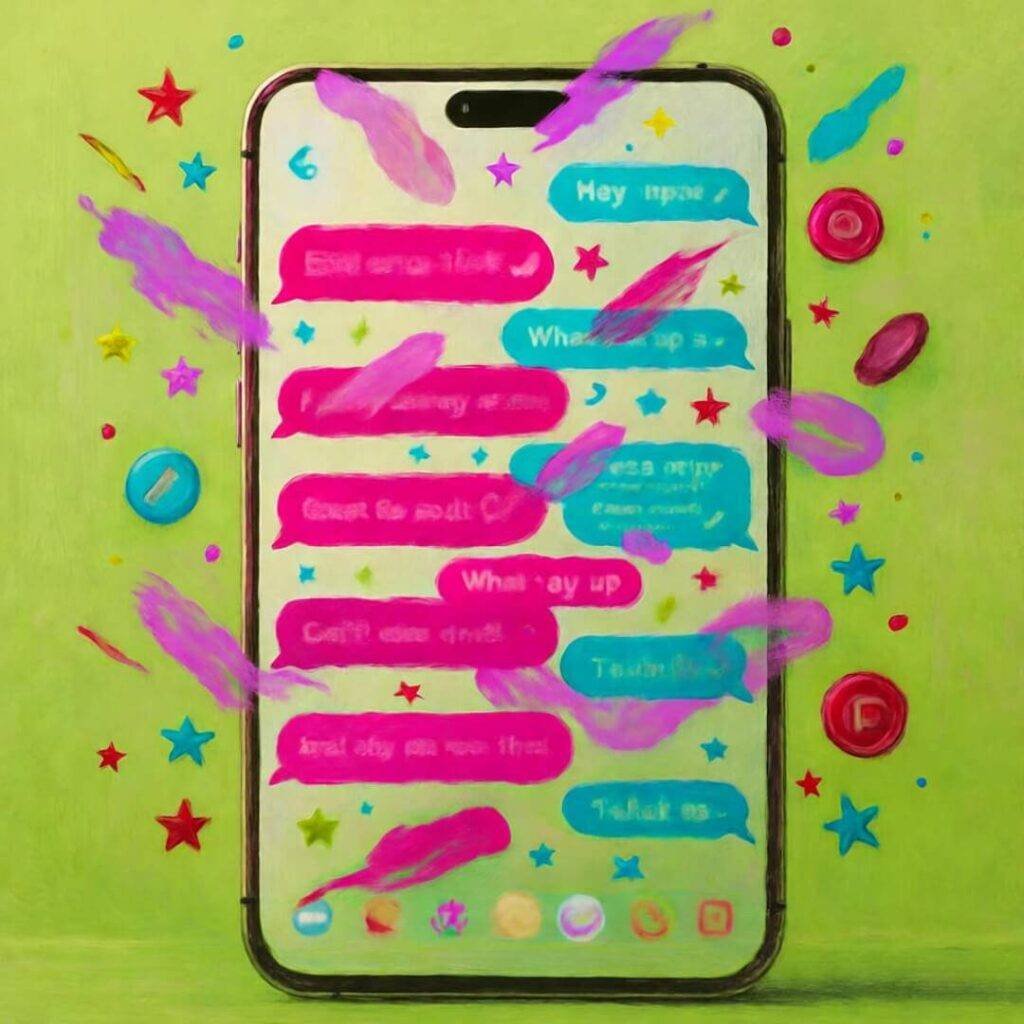 Chaotic Instagram DMs on phone, pink-turquoise bubbles, stars and coins swirl humorously.
