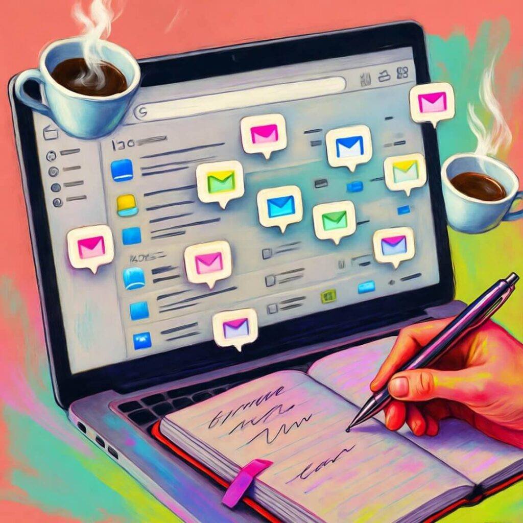Laptop with chaotic inbox, hand scribbling neon planner, floating coffee cups.