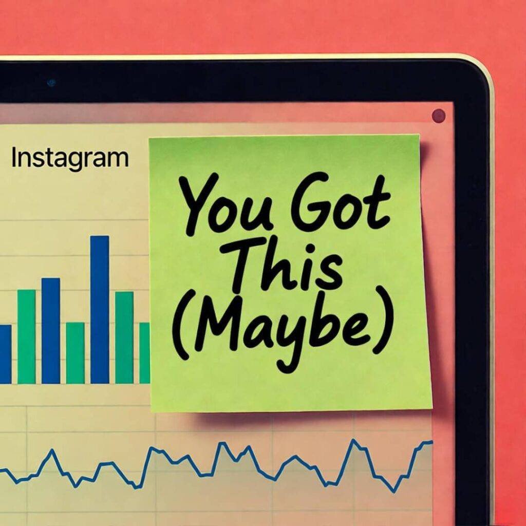 Laptop with Instagram analytics, Post-it says "You Got This (Maybe)" in pop-art style.