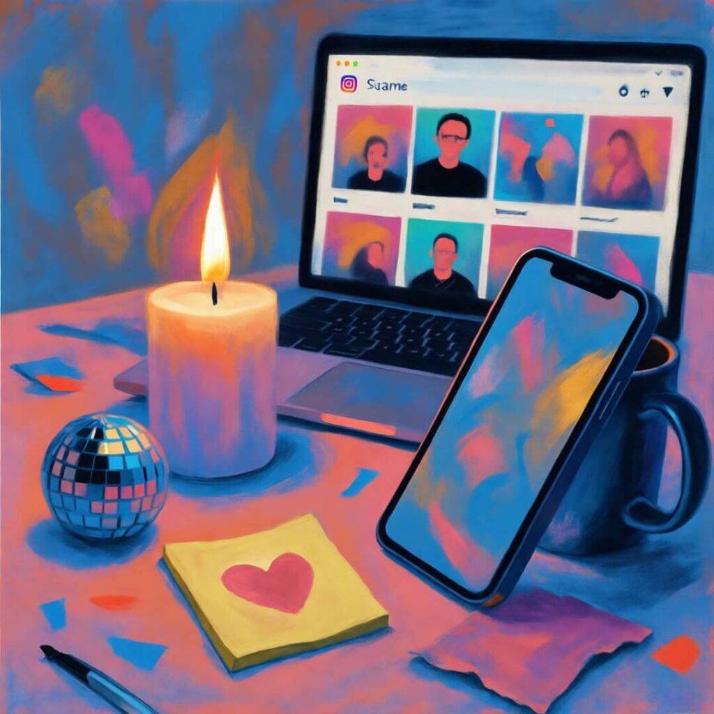 Impressionistic desk with candle, phone, laptop on Instagram, disco ball, heart Post-it.