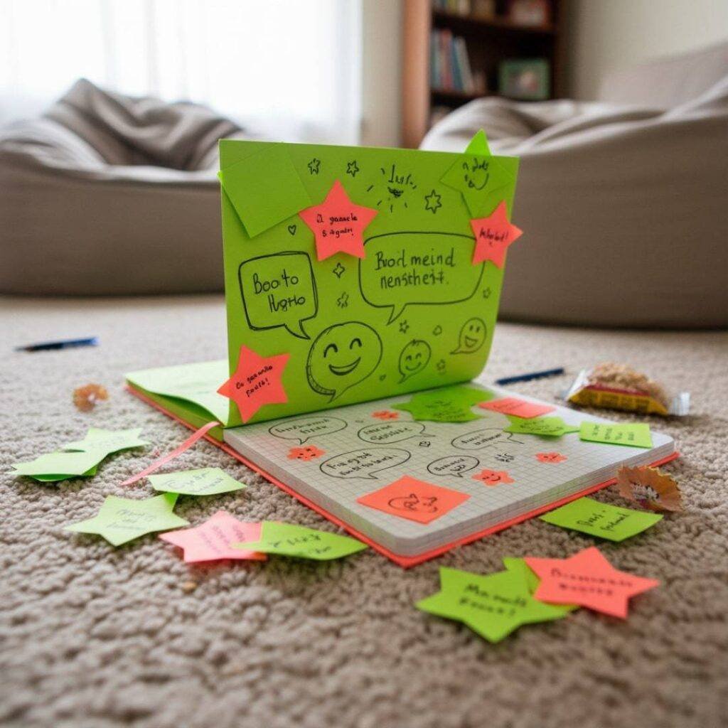 A notebook with doodles and sticky notes, viewed from a floor perspective.