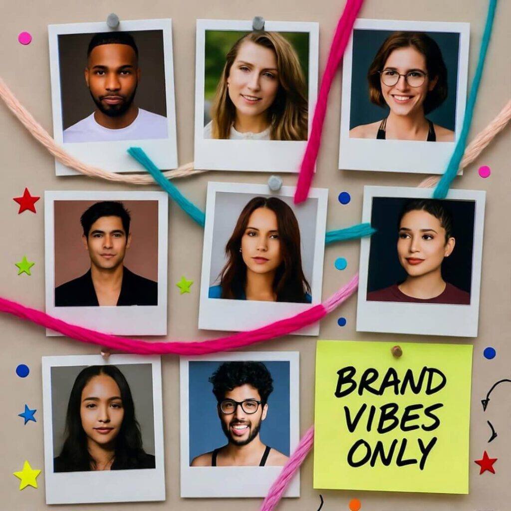 Chaotic mood board with influencer polaroids, yarn, "BRAND VIBES ONLY" note, star stickers.