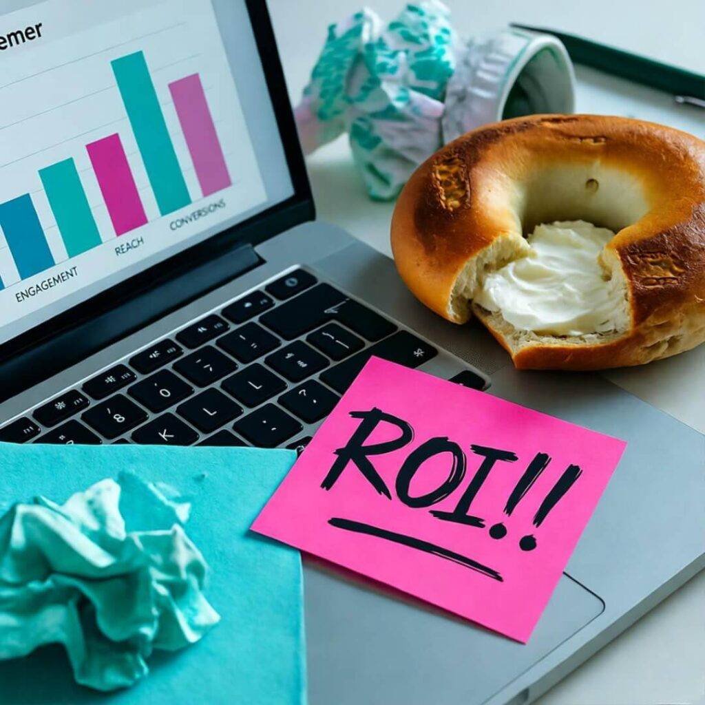 Messy desk with laptop, half-eaten bagel, neon "ROI!!!" Post-it, overhead chaos view.