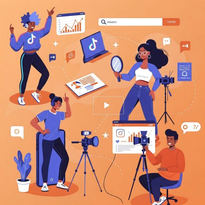 Diverse influencers collaborate on content, using phones and cameras, with digital overlays, in vibrant modern flat design. Diverse influencers collaborate on content, using phones and cameras, with digital overlays, in vibrant modern flat design.