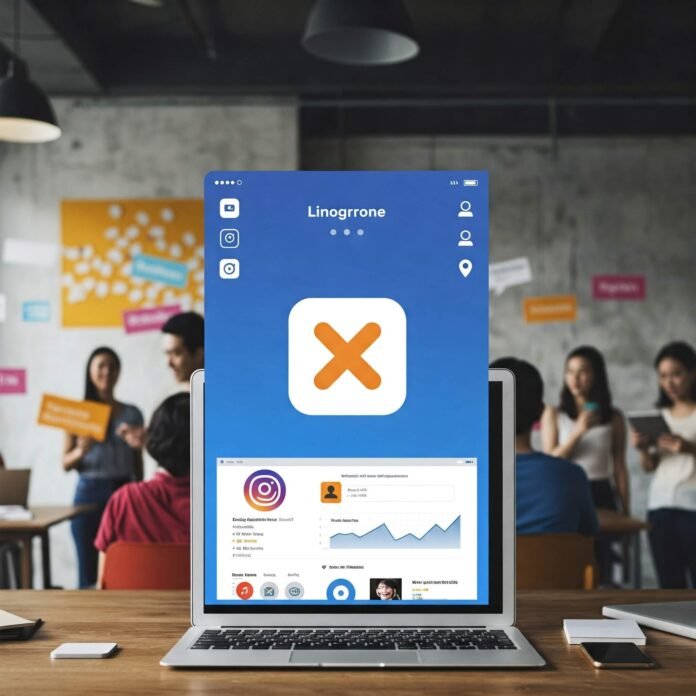 Vibrant social media dashboard showcasing Instagram X, and LinkedIn icons, symbolizing brand promotion, with a diverse collaborative group in the background, conveying community." Vibrant social media dashboard showcasing Instagram X, and LinkedIn icons, symbolizing brand promotion, with a diverse collaborative group in the background, conveying community."