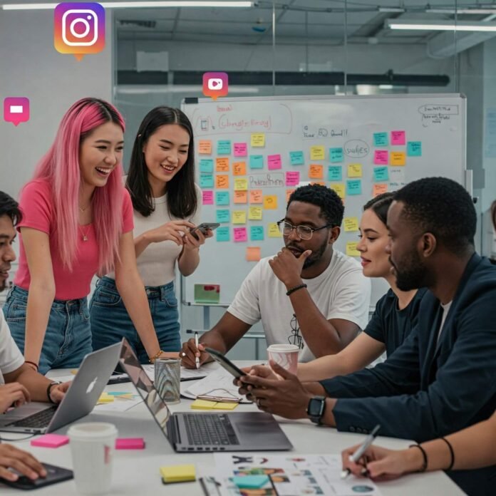 Diverse group of influencers and marketing team collaborating in a modern office with social media icons in the background. Diverse group of influencers and marketing team collaborating in a modern office with social media icons in the background.