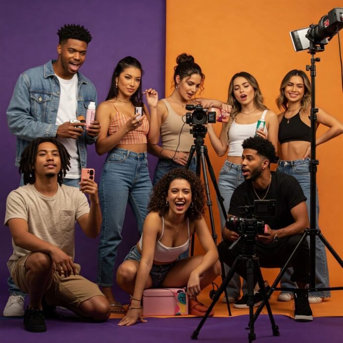Influencers showcasing products against a vibrant purple and orange background, conveying energy and excitement. Influencers showcasing products against a vibrant purple and orange background, conveying energy and excitement.