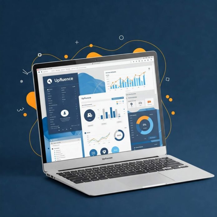 Laptop displaying the Upfluence dashboard with social media icons and data visualizations on a vibrant blue and orange digital background, designed in a modern, flat style. Laptop displaying the Upfluence dashboard with social media icons and data visualizations on a vibrant blue and orange digital background, designed in a modern, flat style.