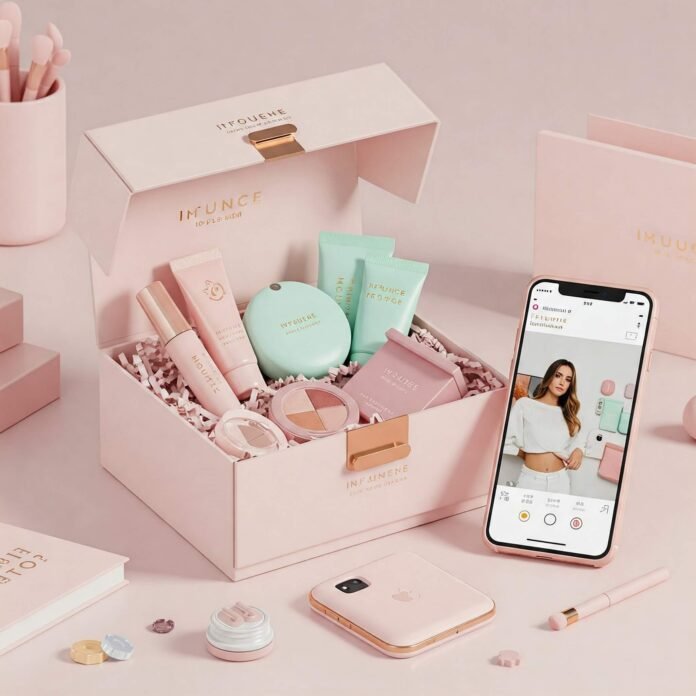Trendy gift box with cosmetics and tech gadgets next to a smartphone showing an influencer's Instagram post Trendy gift box with cosmetics and tech gadgets next to a smartphone showing an influencer's Instagram post