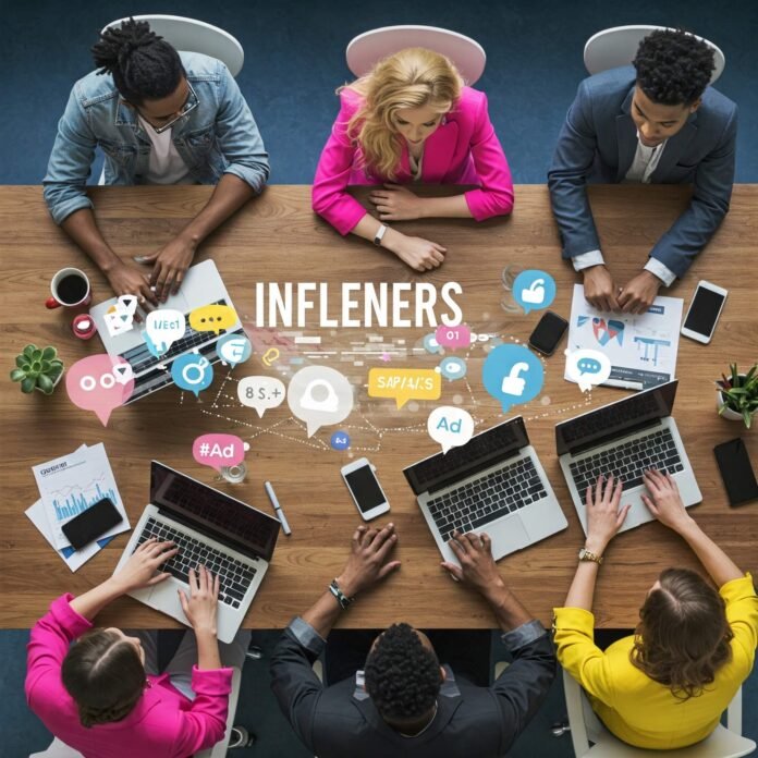 Influencers collaborating at a table with social media icons. Modern and inspiring scene with blue, pink, and yellow colors. Influencers collaborating at a table with social media icons. Modern and inspiring scene with blue, pink, and yellow colors.